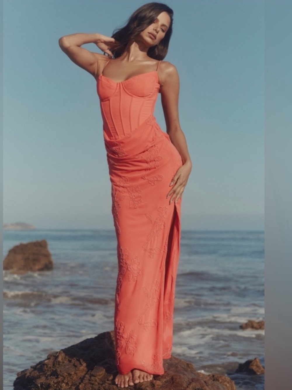 House of CB M D-DD Carmella Coral Embellished Hand Beaded Maxi Dress NWOT